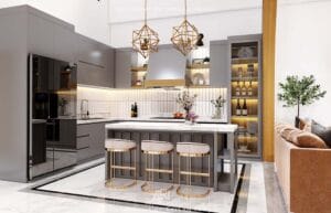 Không gian phòng bếp villa thường hướng đến sự tiện nghi và sang trọng