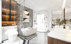 Thiết kế phòng tắm mở sang trọng với cửa kính trượt bóng mờ