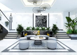 Phòng khách được phủ xanh